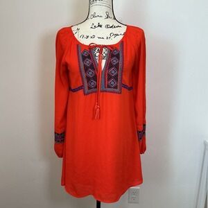 GB Orange Embroidered Peasant Dress Long Sleeve Bohemian Mini Small